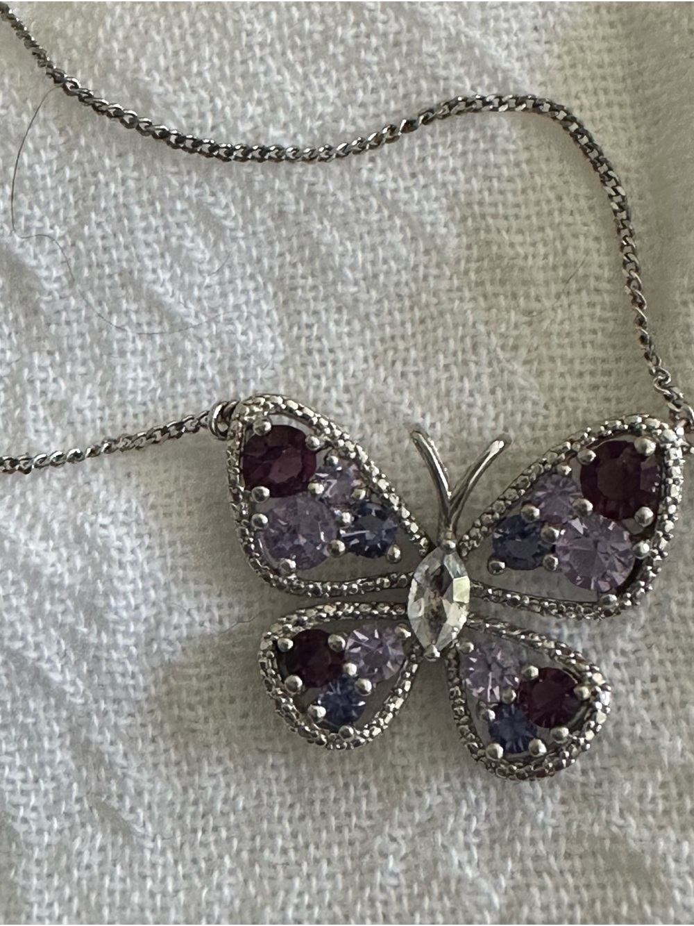 Sterling Silver 925  Butterfly Pendant Necklace with Purple & Pink Crystals 17”